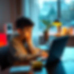 A 16-year-old sitting at a desk with a laptop, looking thoughtful while exploring savings account options online.