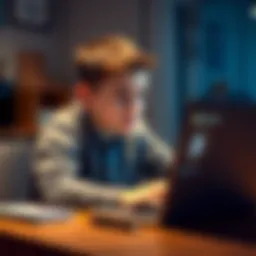 A 16-year-old boy sitting at a desk with a laptop, contemplating how to buy Bitcoin secretly. He appears thoughtful and concerned, with a worried expression, glancing at a screen showing cryptocurrency.