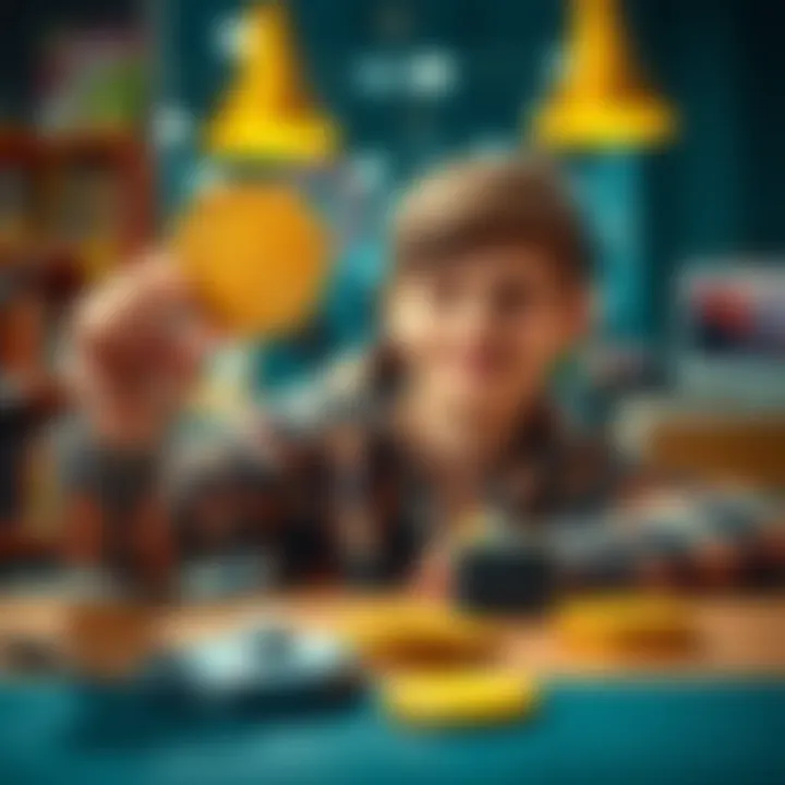 A 15-year-old boy happily holds a Bitcoin symbol in one hand, with a Trezor wallet on a table nearby. He looks excited about his recent achievement and future goals in Bitcoin ownership.