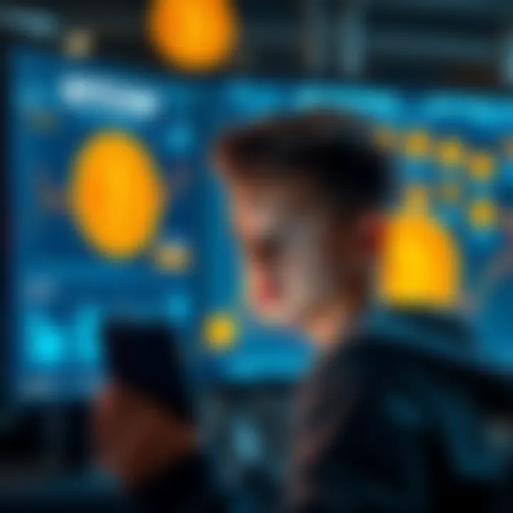 A young person contemplating the options for buying Bitcoin, with a digital wallet on screen and crypto symbols in the background.