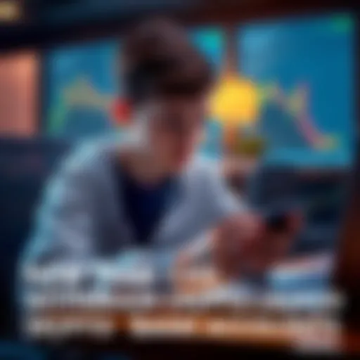 A teenager sitting at a desk, using a smartphone to navigate a cryptocurrency app, looking focused and determined, with a laptop in the background showing financial charts.
