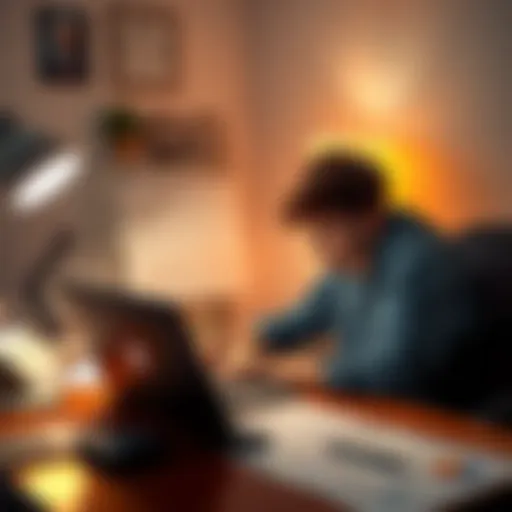 A teenager sitting at a desk with a laptop, studying charts of cryptocurrency gains, surrounded by tax documents and a calculator.