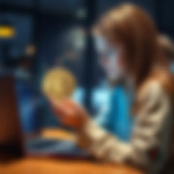 A 17-year-old girl holds Litecoin coins while looking at a laptop with investment charts, considering her crypto options.