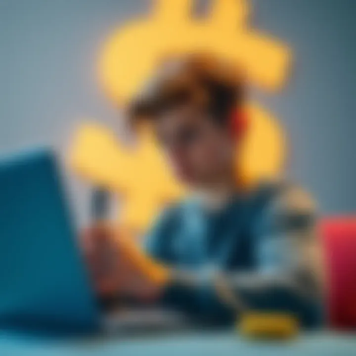 An 18-year-old looking at a laptop displaying Bitcoin prices, contemplating a car purchase, with a dollar sign in the background.
