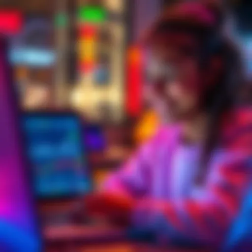 A 16-year-old girl smiling while looking at financial charts on her laptop, considering investing in KASPA.