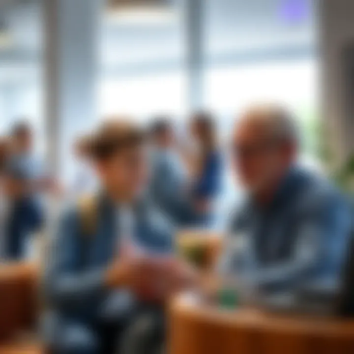 A high school student confidently sharing investment ideas with an older person in a casual setting.