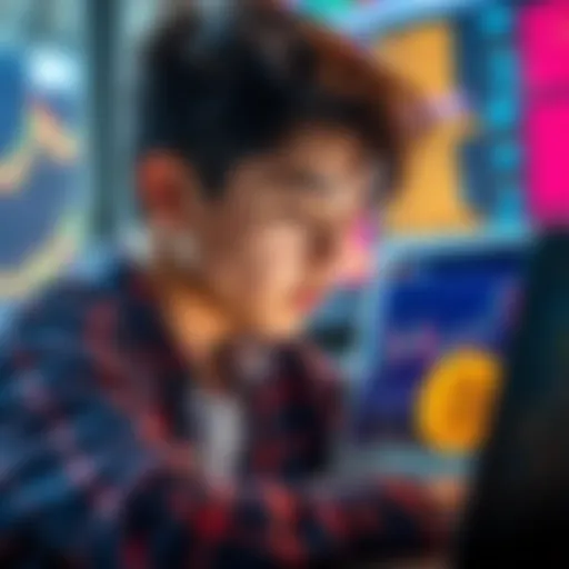 A 16-year-old boy looks at a laptop displaying bitcoin charts and financial graphs while thinking about his spending habits and investments.