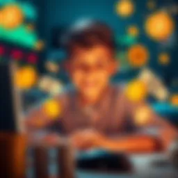 A 16-year-old boy smiling while looking at his laptop showing trading charts, surrounded by dollar bills and memecoin symbols.
