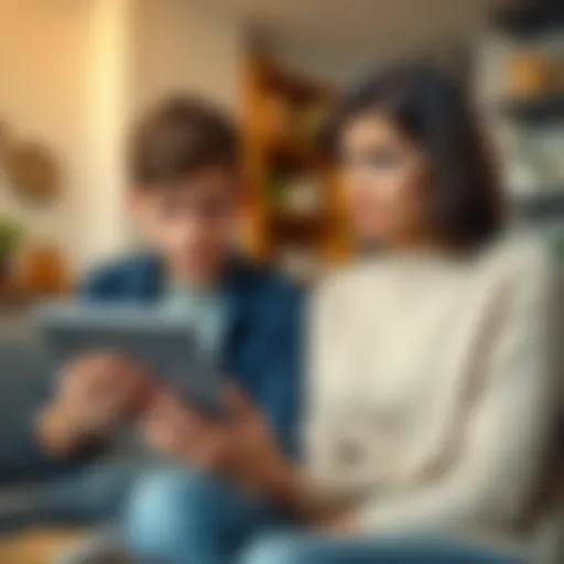 A worried teenager holding a tablet showing trading results while his mother looks on with concern about benefits implications, in a home setting.