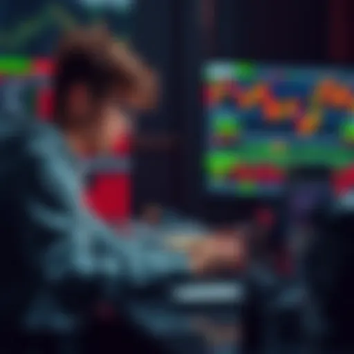 A teenager sitting at a desk looking at stock charts on a laptop, focused and taking notes.