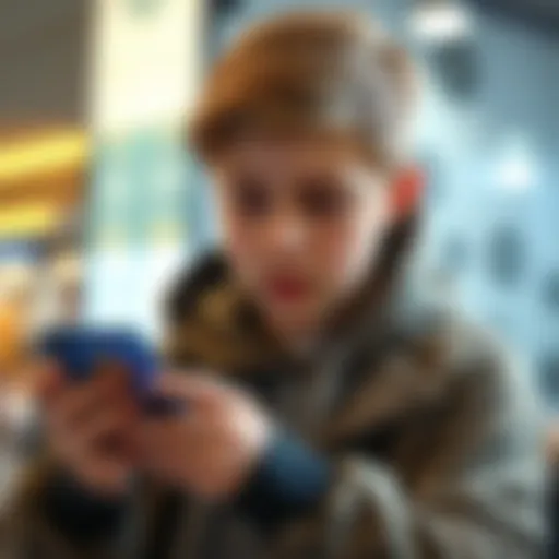 A teenage boy using a smartphone to buy cryptocurrency, looking focused and excited, with digital coins visible on the screen.