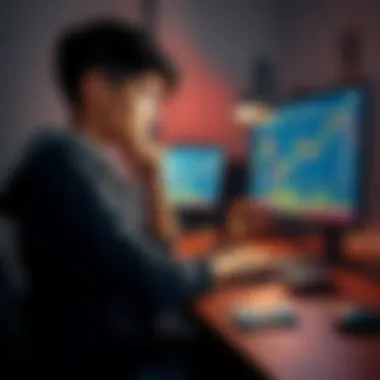 A teenager sitting at a desk with a thoughtful expression, looking at a computer screen displaying Bitcoin charts, with a wallet and some cash on the table.