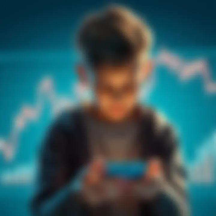 A 16-year-old looking worried while checking crypto prices on a smartphone, with a graph showing losses in the background.