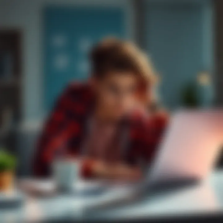 A teenager sitting at a desk, looking upset while using a laptop with emails on the screen about account issues.