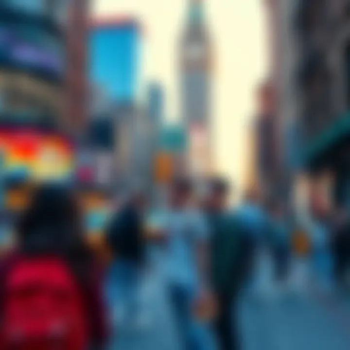 Group of teens participating in a scavenger hunt in the vibrant streets of Manhattan, with buildings and landmarks in the background