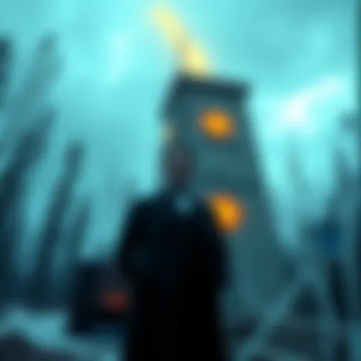 Nikola Tesla standing near the Wardenclyffe Tower, using modern equipment to mine Bitcoin with digital graphics around him.