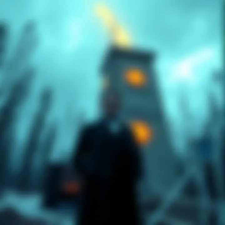 Nikola Tesla standing near the Wardenclyffe Tower, using modern equipment to mine Bitcoin with digital graphics around him.