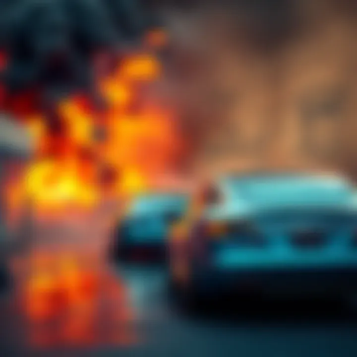 A dramatic image depicting a fire scene with Tesla cars in the foreground and courtroom sketches in the background, symbolizing the legal implications of the incident.