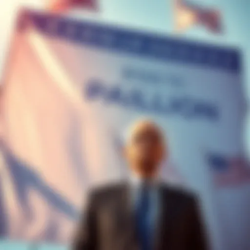 A Tether executive stands in front of a large banner promoting a $100 million political action committee for cryptocurrency, with election symbols in the background.