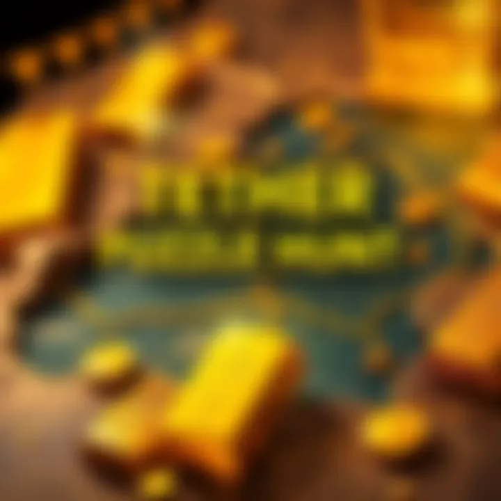 A promotional graphic for the Tether Gold Puzzle Hunt featuring gold bars and a treasure map concept with $USDT prizes.