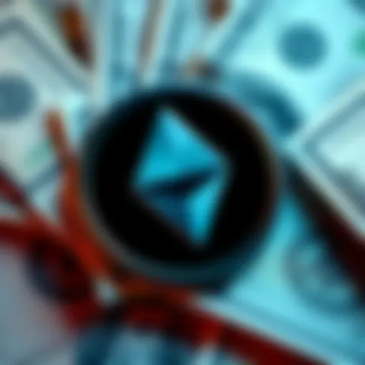 Close-up of Tether logo surrounded by U.S. dollar bills, representing the financial aspect of the crypto giant.