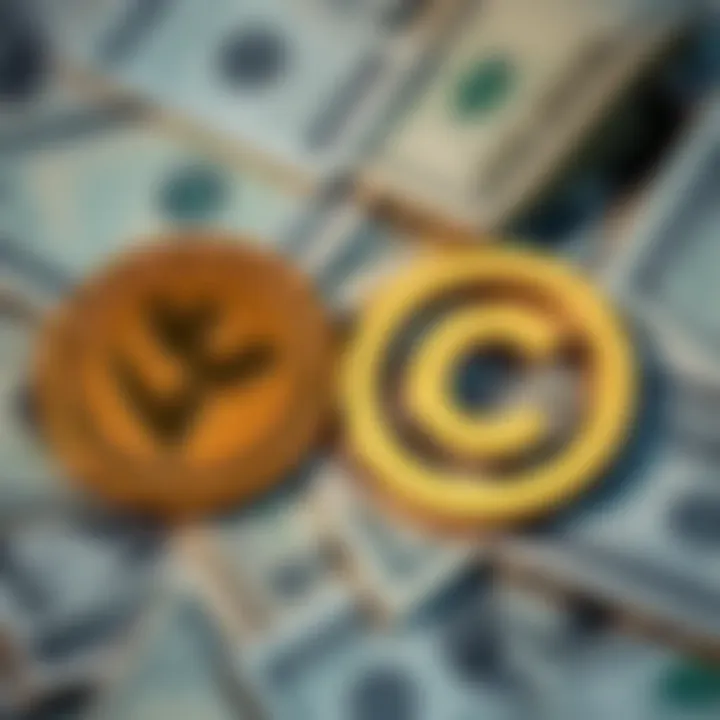 Logos of Tether and Circle against a backdrop of dollar bills, illustrating financial operations and risks