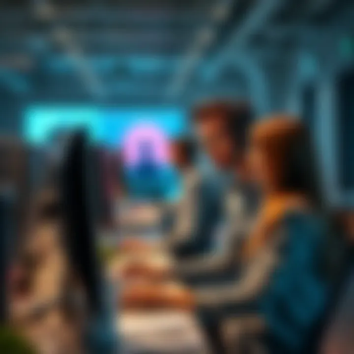 An office setting with a customer support representative assisting a client over the phone, showcasing a busy workspace at Tether