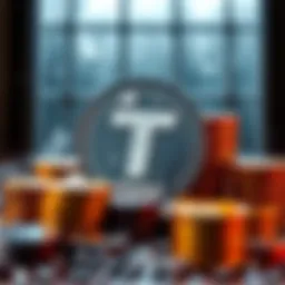 Tether logo with a frozen symbol and stacks of USDT coins, representing the freezing of funds totaling $500 million.