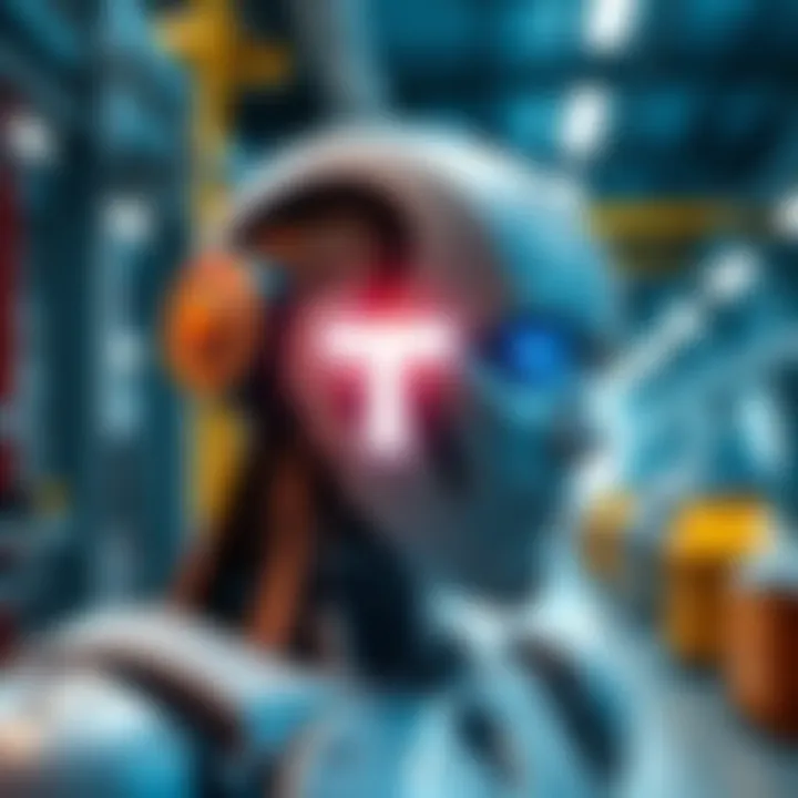 Tether Investment in Robotics Tether logo with a humanoid robot in a factory setting, showcasing advanced robotics technology for work environments.