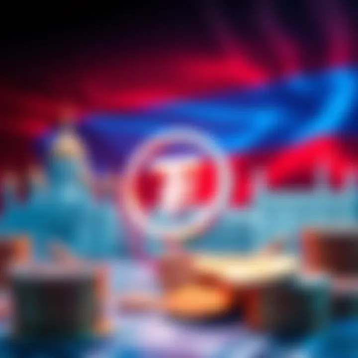 Tether logo and visuals representing stablecoins with a backdrop of Russian currency symbols and government regulations