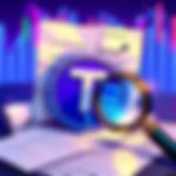Illustration of a Tether logo with financial documents and a magnifying glass, representing an audit of USDT reserves.