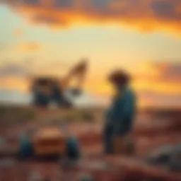 A miner working alone in a Texas landscape, surrounded by mining equipment and tools, with a focus on perseverance and hard work.