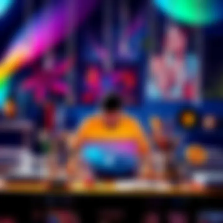 A digital artist showcasing their artwork on the Tezos platform, surrounded by vibrant colors and creative tools, representing a thriving art community.