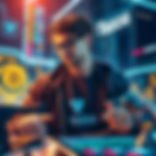 A person exploring blockchain technology, with digital elements representing decentralized finance and Tezos branding in the background.