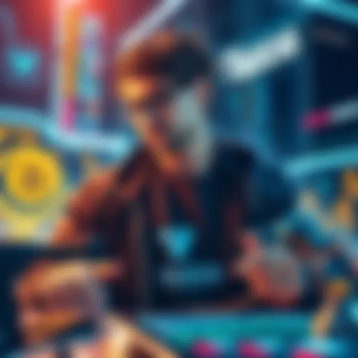 A person exploring blockchain technology, with digital elements representing decentralized finance and Tezos branding in the background.