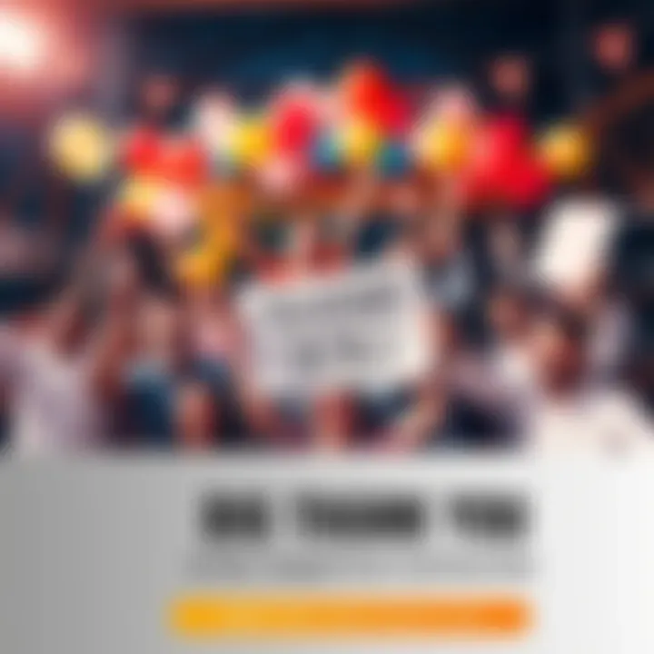 A diverse group of people cheering and celebrating together with balloons and banners expressing gratitude