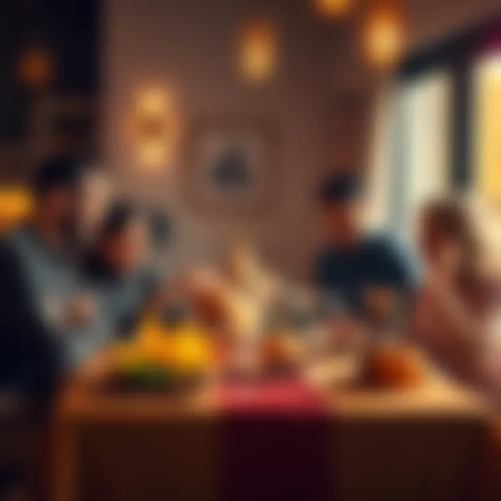 A family gathered around a dining table, sharing laughs while talking about cryptocurrency and Bitcoin during Thanksgiving dinner