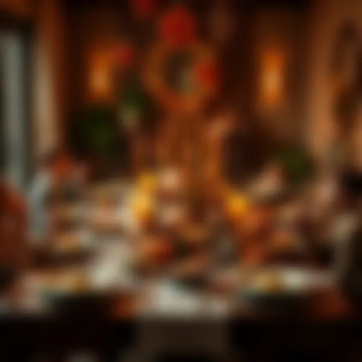 A beautifully set Thanksgiving dinner table with food, candles, and family gathered around, celebrating togetherness and gratitude.