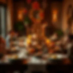 Thanksgiving Dinner Table A beautifully set Thanksgiving dinner table with food, candles, and family gathered around, celebrating togetherness and gratitude.