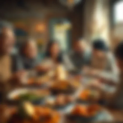 A family gathered around a dining table filled with traditional Thanksgiving dishes, sharing laughter and gratitude.