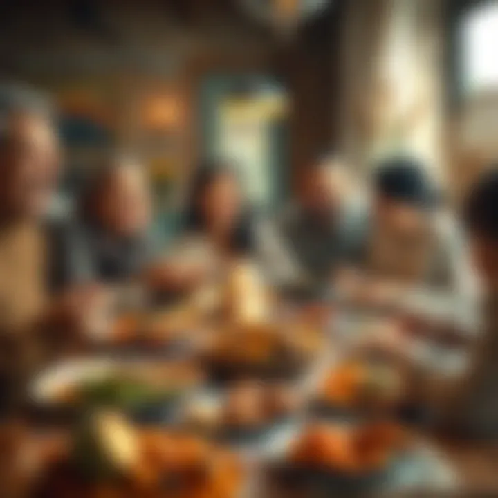 A family gathered around a dining table filled with traditional Thanksgiving dishes, sharing laughter and gratitude.