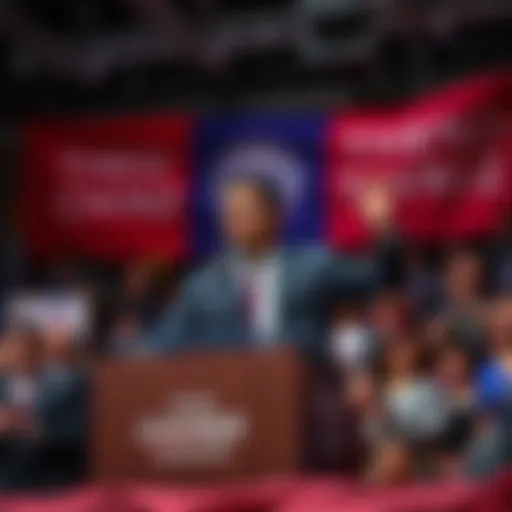 Theo Chino-Tavarez speaking at a campaign event with supporters and banners in the background