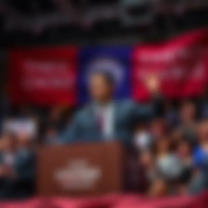 Theo Chino-Tavarez speaking at a campaign event with supporters and banners in the background