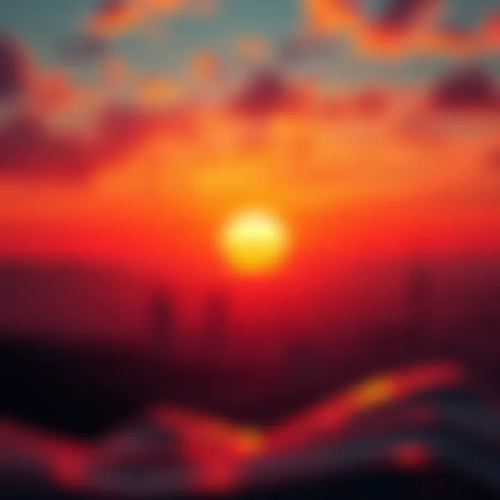 An artistic representation of a sunset over a digital landscape, symbolizing the challenges facing Theta and Theta Fuel in the cryptocurrency realm. A vibrant sunset casting shadows on a futuristic cityscape, reflecting uncertainty in digital currencies.