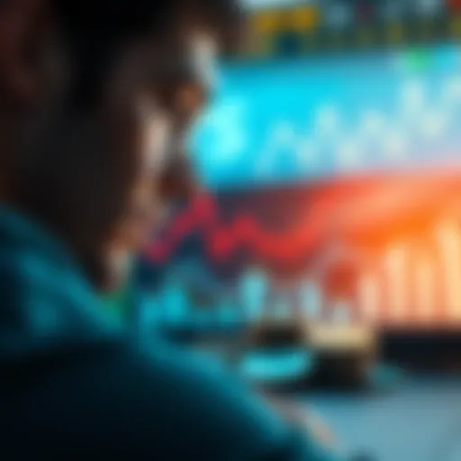 A person looking at a chart showing dollar signs with coins in the foreground representing financial focus