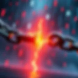 Illustration depicting a broken chain symbolizing the THORChain hack with falling cryptocurrency values in the background