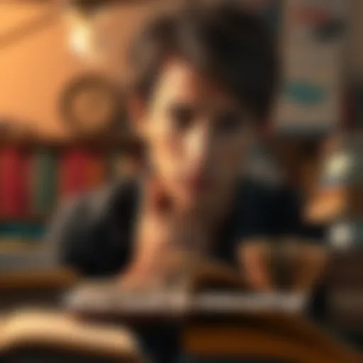 A person looking thoughtfully at a collection of interesting books and articles.