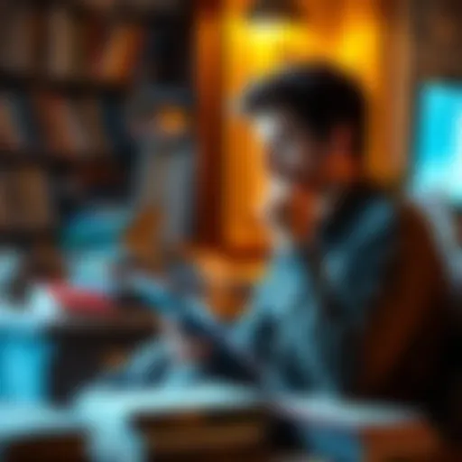 A person sitting with a notepad, deep in thought, surrounded by books and a warm light.