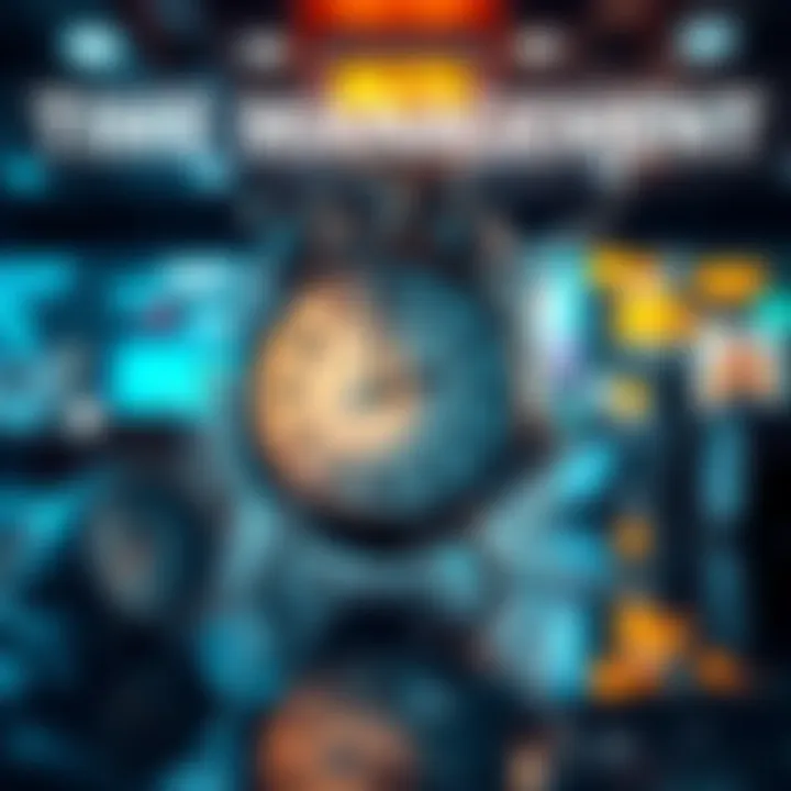 An artistic representation of time slipping away, with a clock and distractions merging into one another