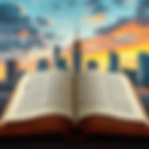 An open book with ancient scripts and a modern city skyline in the background, symbolizing enduring lessons across time.